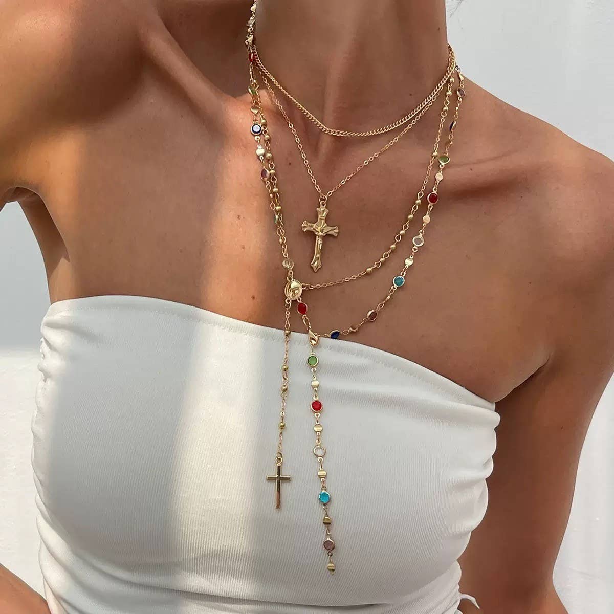 Multi Stone Layered Cross Necklace