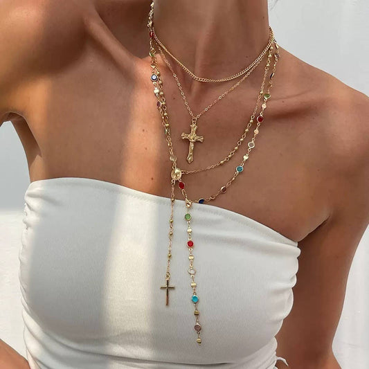Multi Stone Layered Cross Necklace