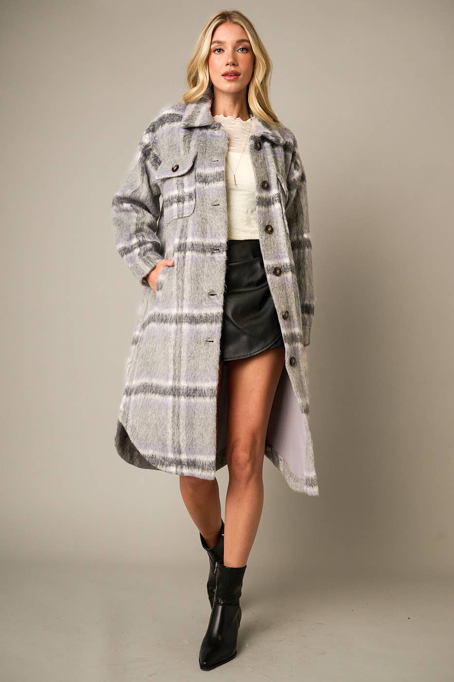 Grey Plaid Button Down Coat