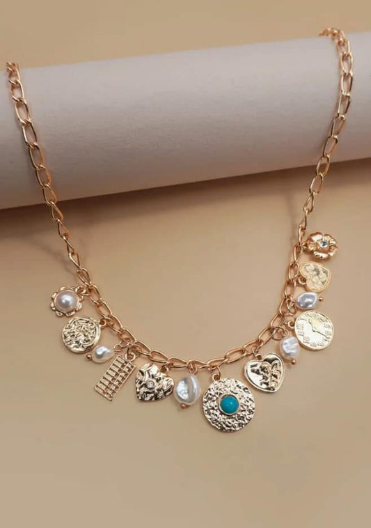 Coins & Turquoise Charm Necklace