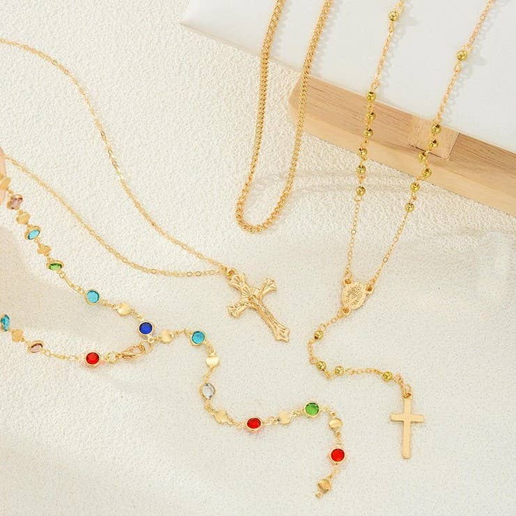 Multi Stone Layered Cross Necklace